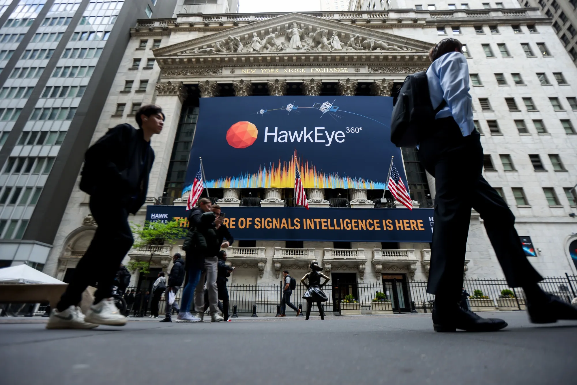 HawkEye 360&nbsp;signage during the company’s IPO at the New York Stock Exchange on May 7.