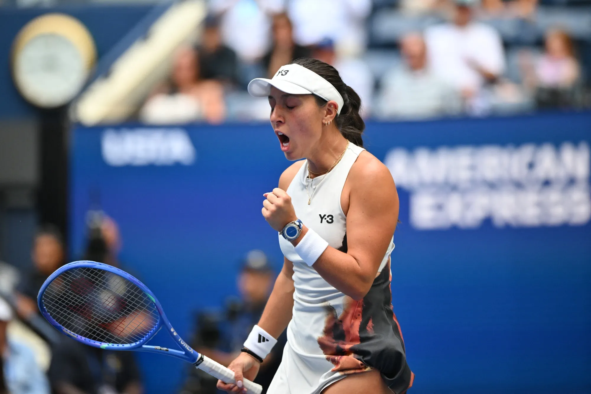 Jessica Pegula celebrates after winning over Russia's Anna Blinkova at the US Open tennis tournament on Aug. 27.