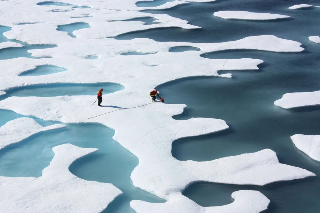 This photograph from the NASA ICESCAPE mission shows melt ponds on the surface of the Arctic sea ice cover in 2011.

