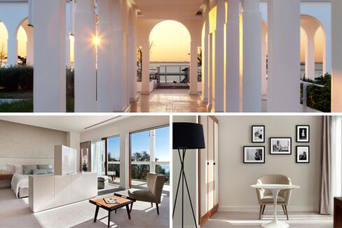 The rooftop terrace and rooms on JW Marriott in the main building of the converted hospital on Isole delle Rosa.