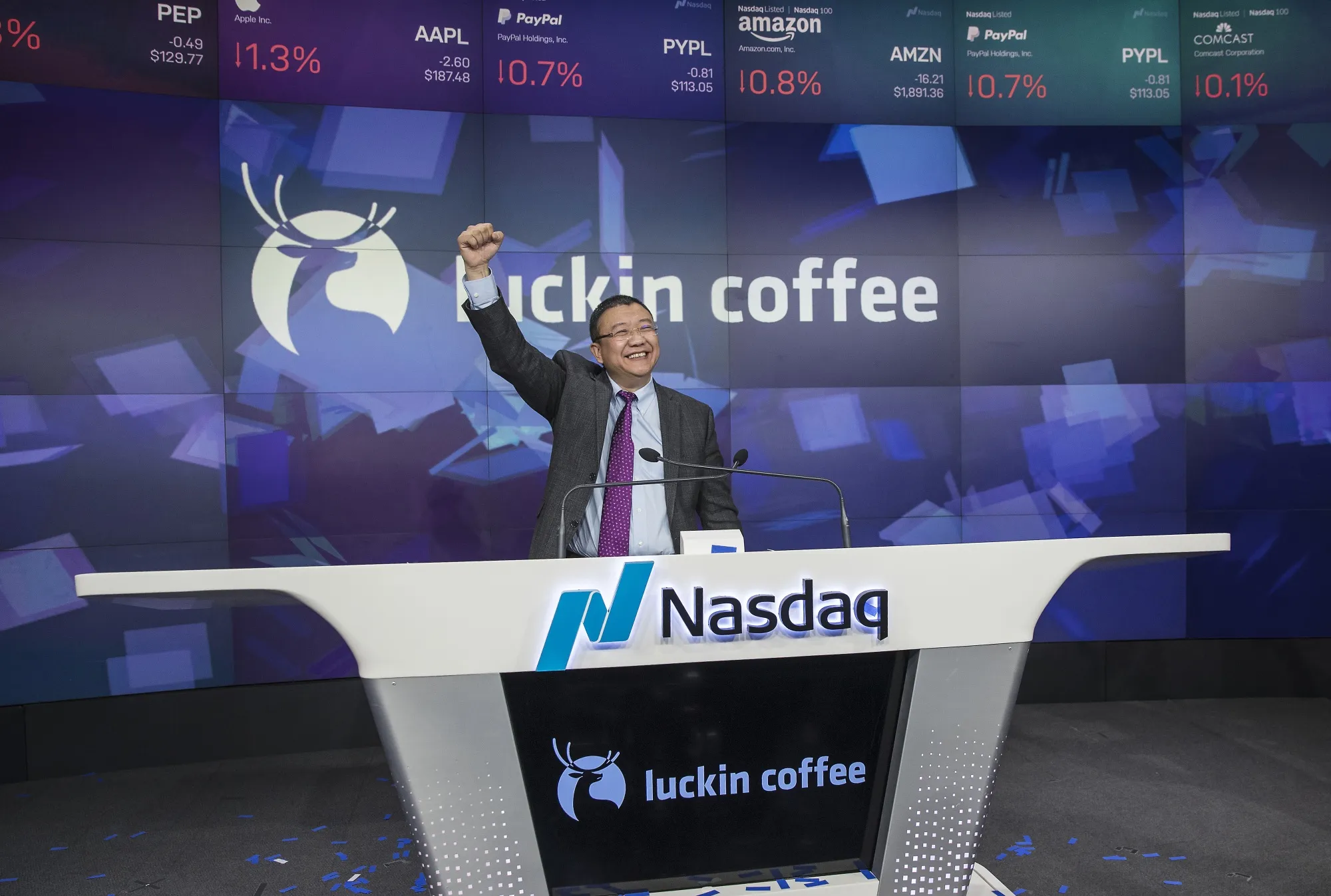 Lu Zhengyao at the company's IPO&nbsp;at the Nasdaq MarketSite in New York in 2019.&nbsp;