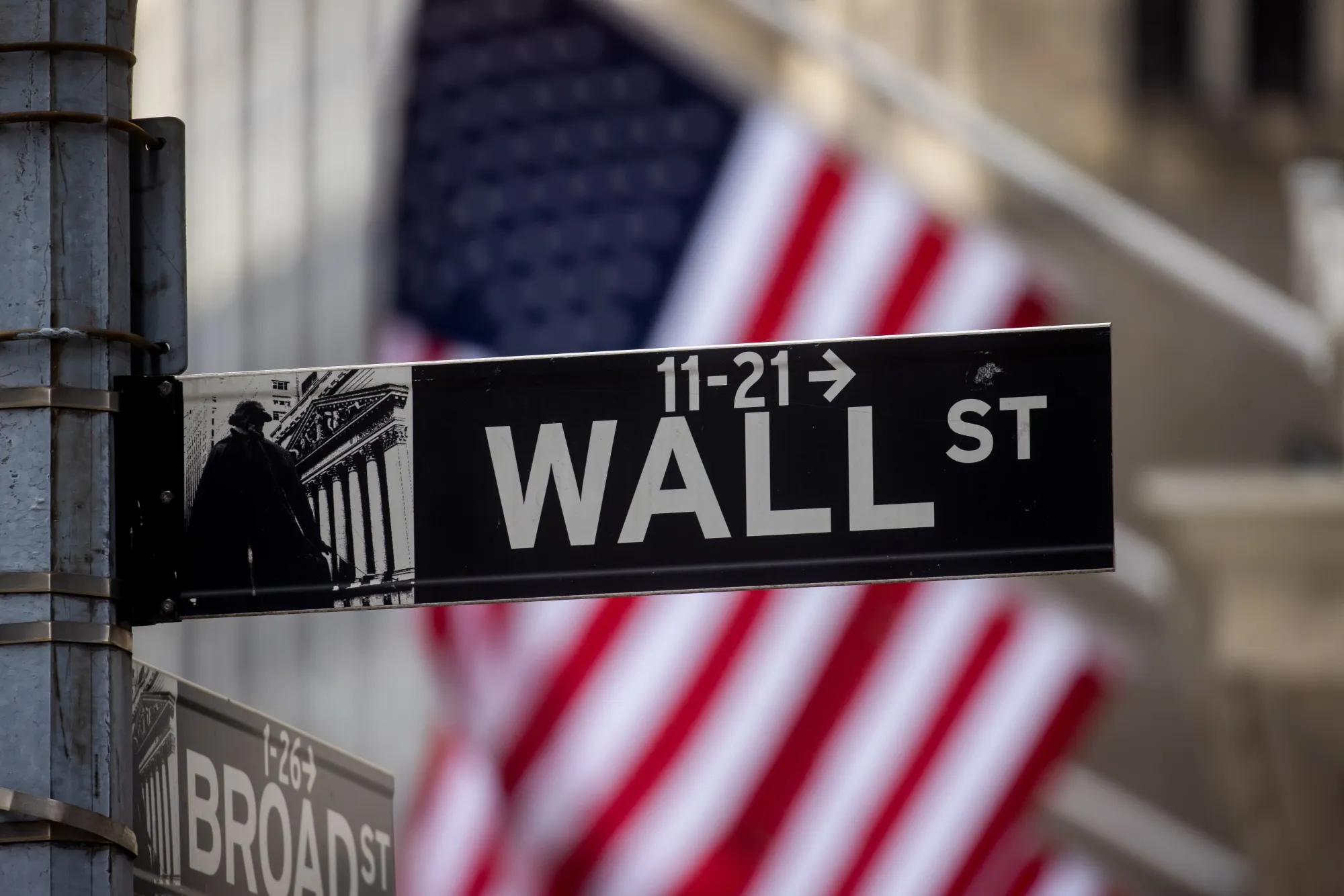 A Wall Street sign in front of the New York Stock Exchange (NYSE) in New York.