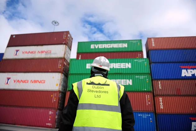 A Dublin Stevedores employee watches as shipping containers are unloaded at Dublin port in Ireland