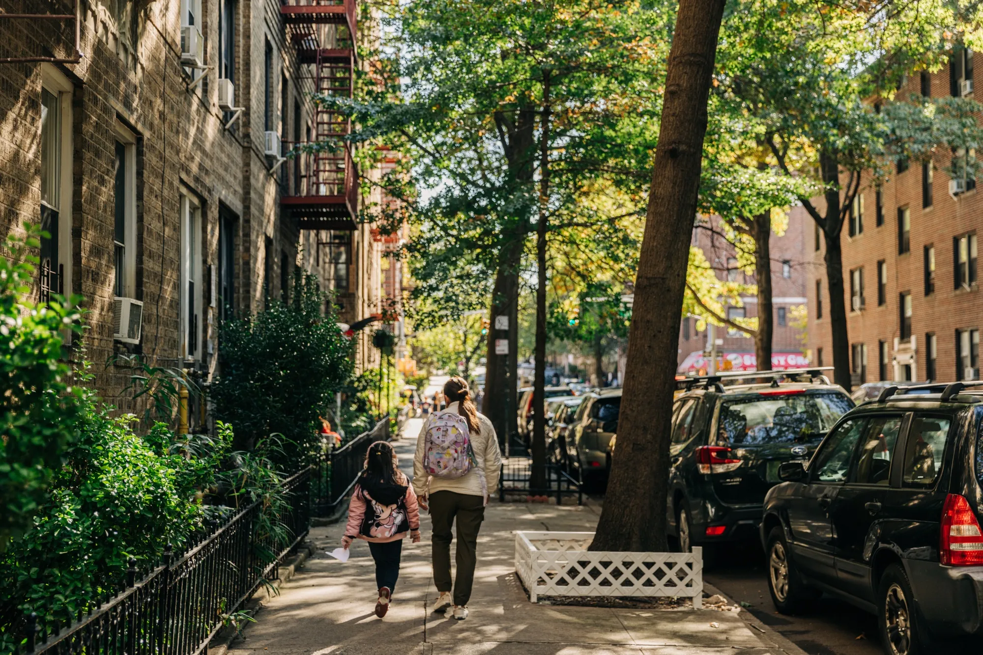 Small courtyard apartment buildings line the Sunnyside neighborhood of New York.
