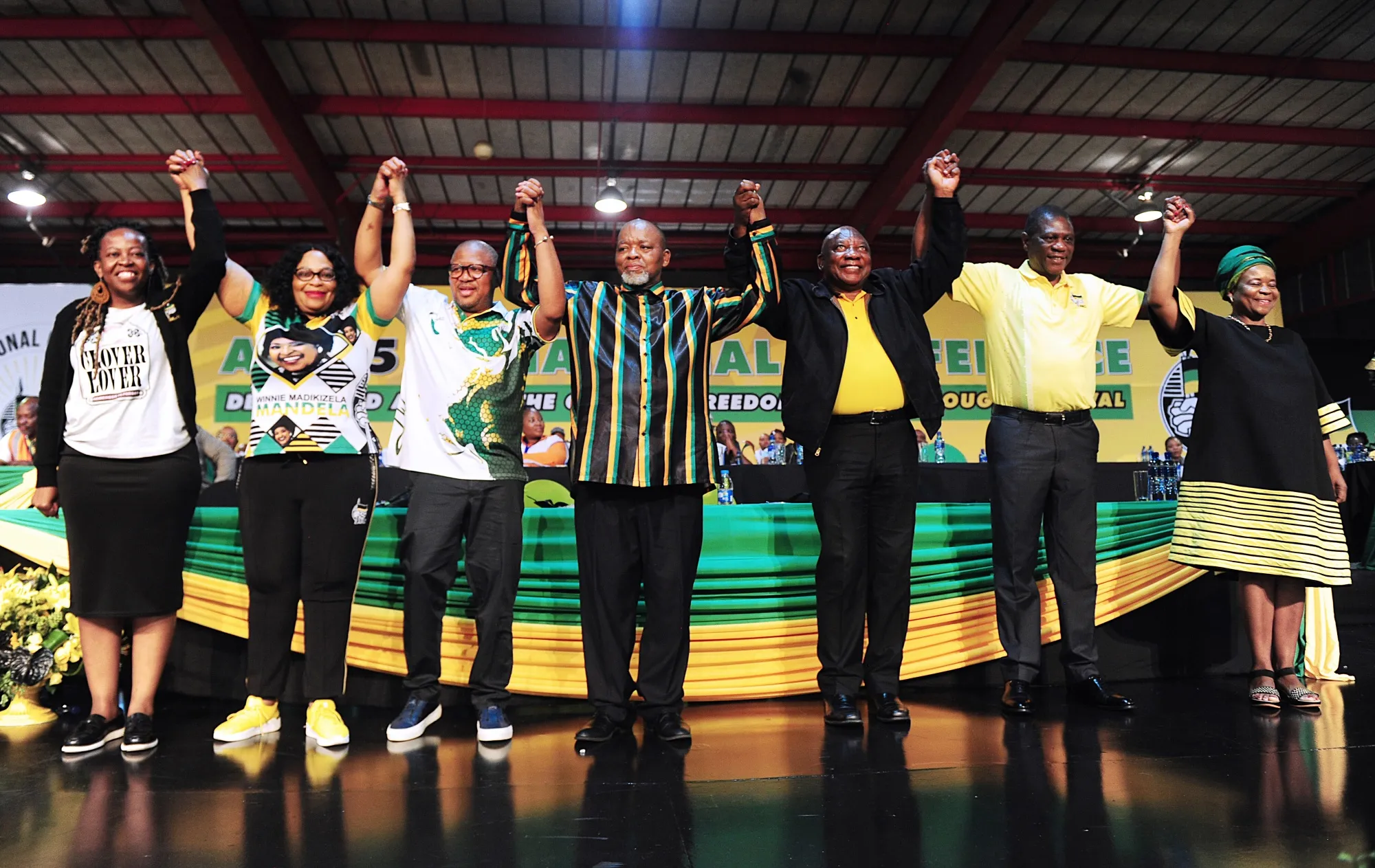 Fikile Mbalula, secretary general of the African National Congress, third left, with senior officials from the ANC on day four of the 55th national conference of the African National Congress party in Johannesburg.