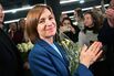 Maia Sandu celebrates following preliminary results during the second round of the presidential election in Chisinau, Moldova, on Nov. 3.