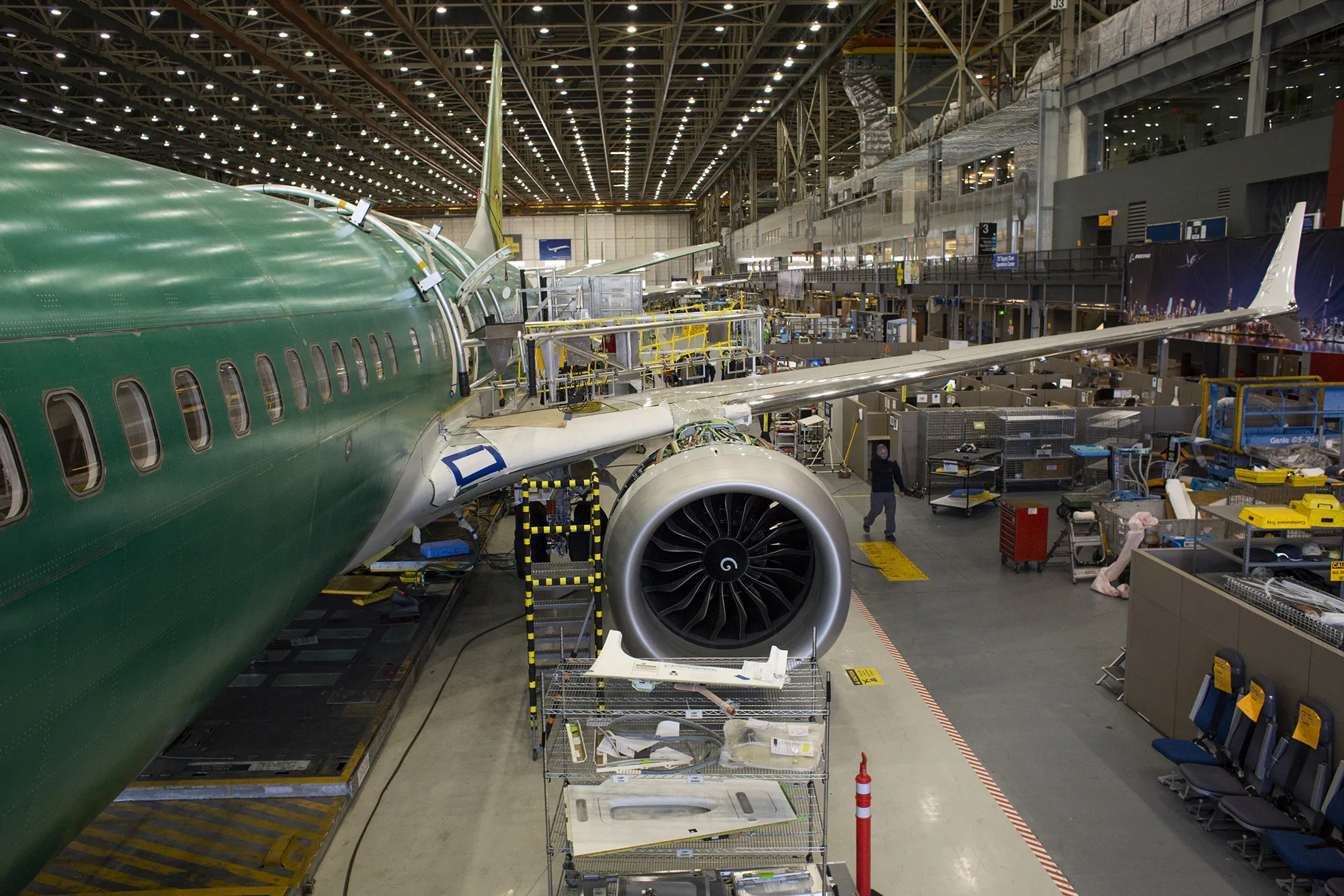 A Boeing Co. 737 MAX 9 jetliner sits on the production floor at the company's manufacturing facility in Renton, Washington.