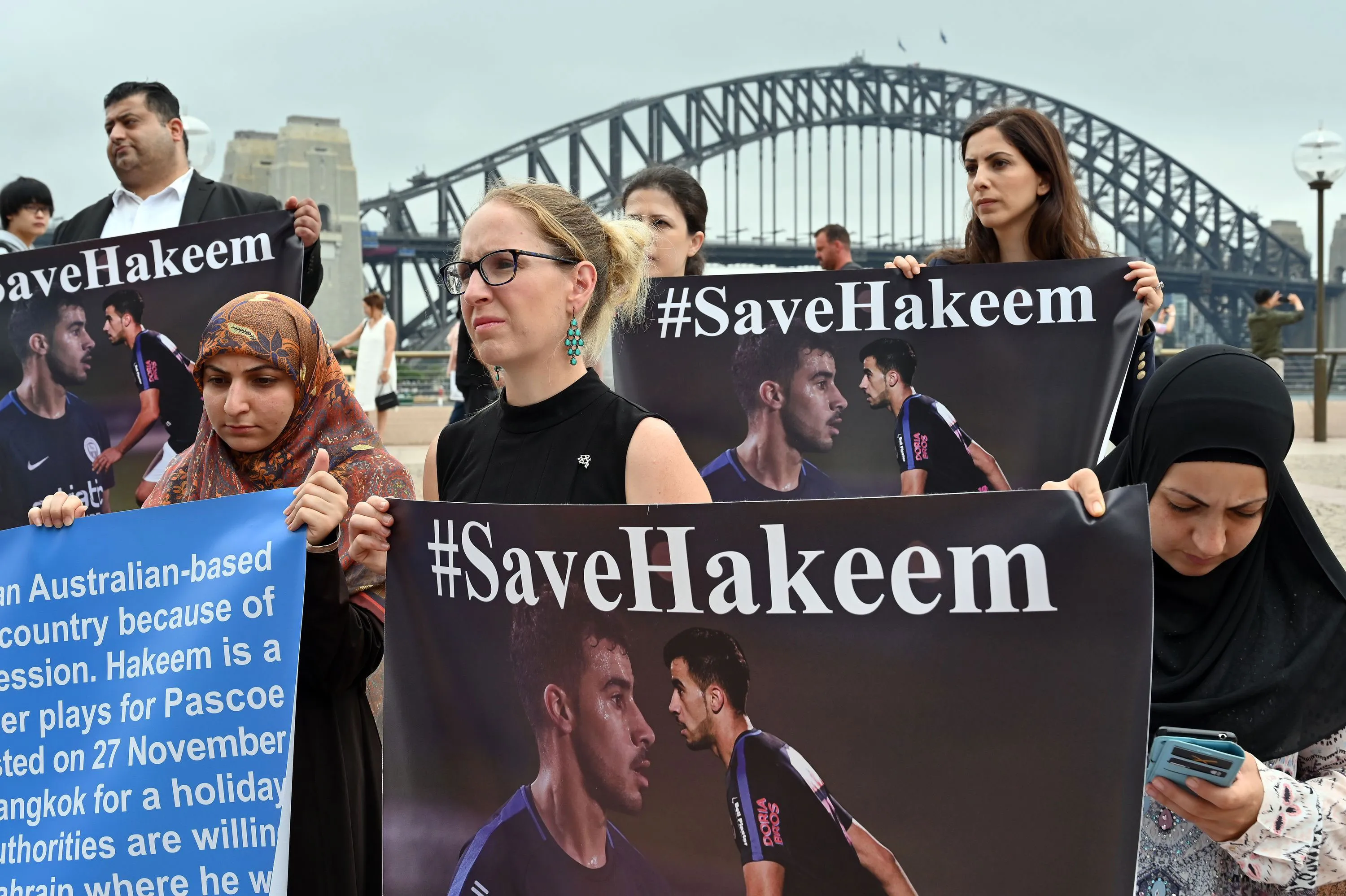 Human rights groups and the Australian football community hold a protest in front of the Opera House for the release of refugee footballer Hakeem al-Araibi in Sydney on Jan. 10.