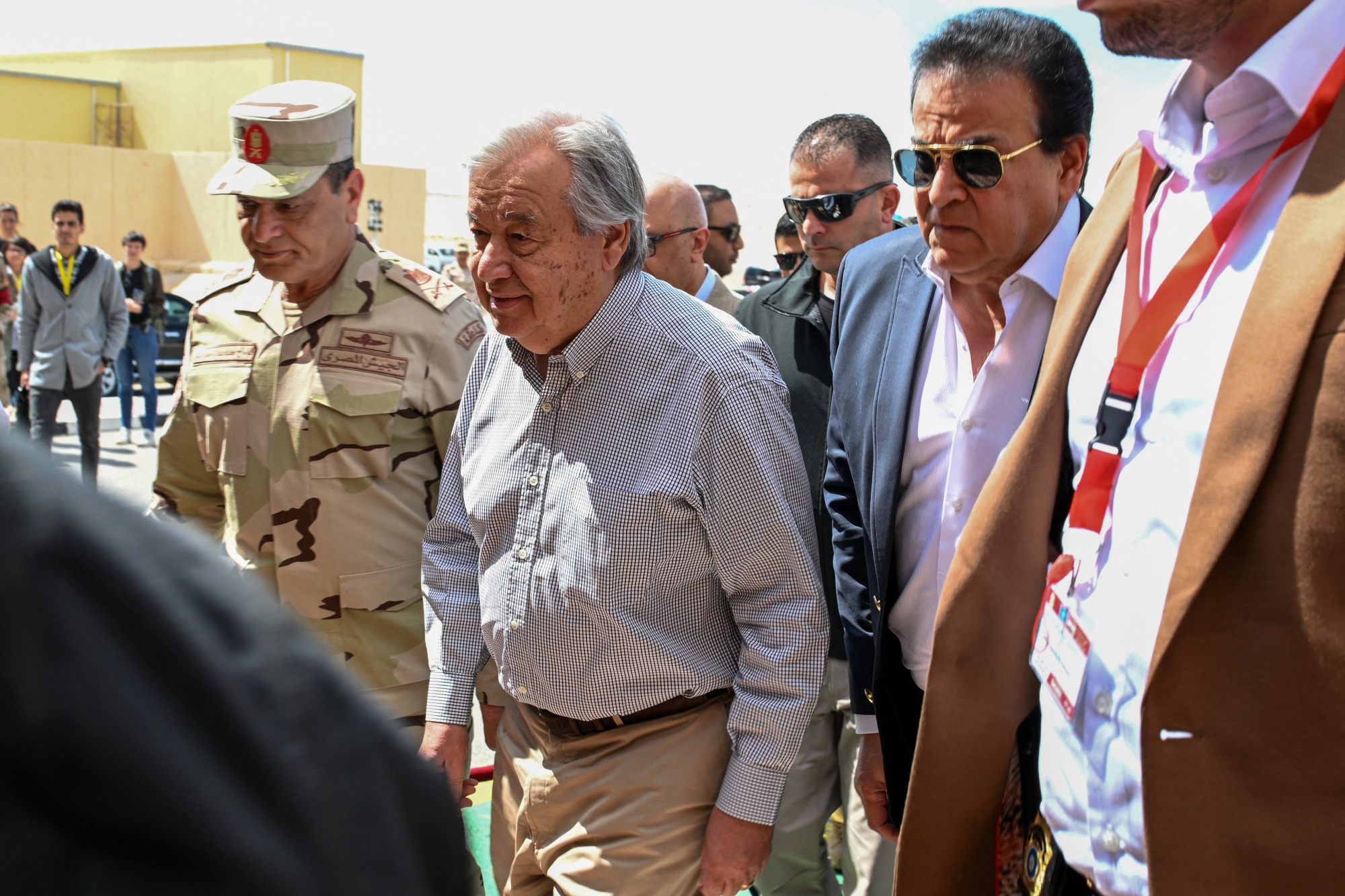 Antonio Guterres arrives at Egypt's al-Arish Airport, near the Rafah border with the Gaza Strip, on March 23.