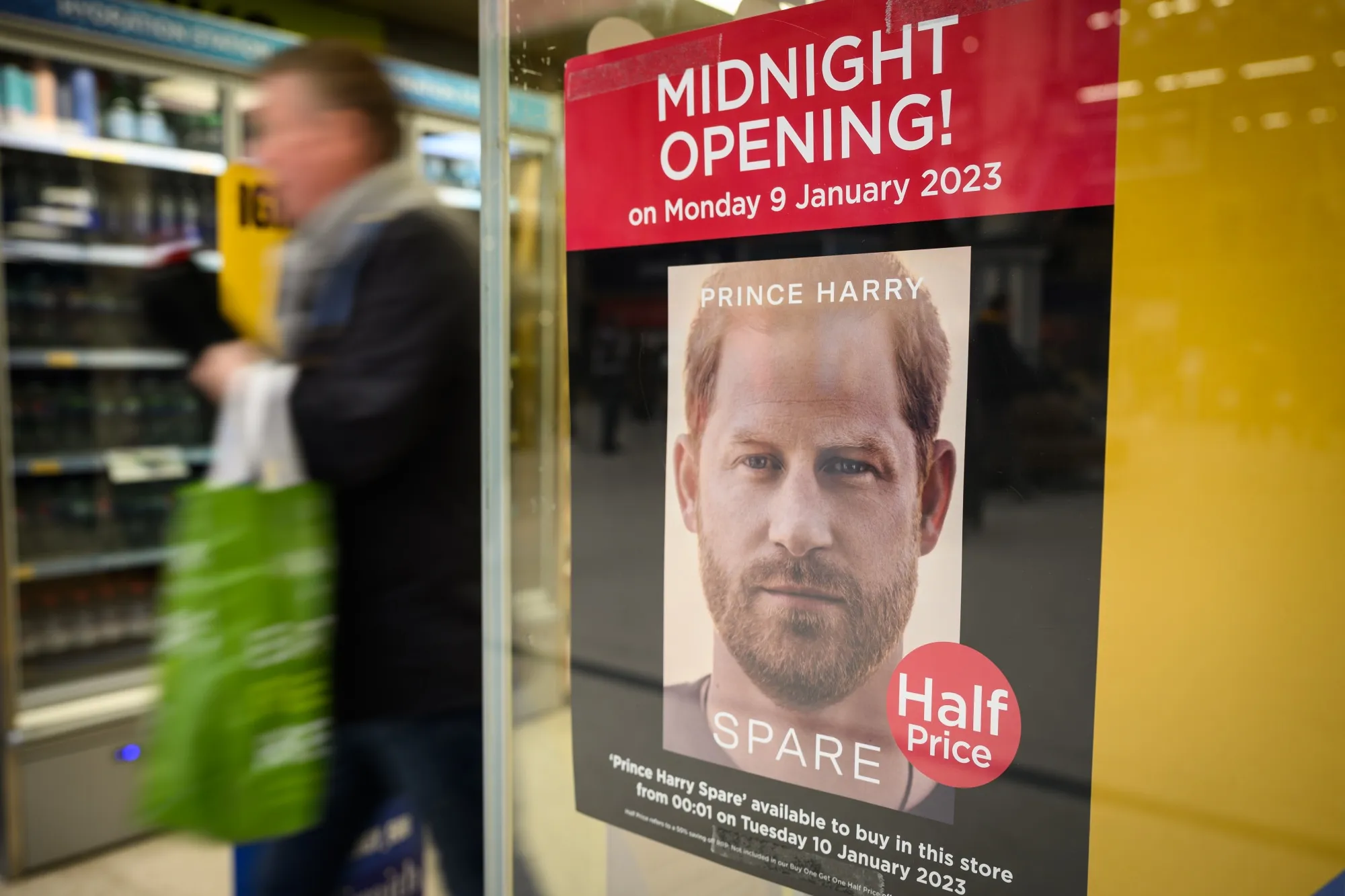 A poster advertising the launch of Prince Harry's memoir "Spare"&nbsp;in a store window in London.