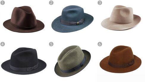 (1) Fishing hat, A.P.C., $200, apc.fr; (2) Dark blue felt hat, Borsalino, $365, borsalino.com; (3) Rabbit felt rollable in sand, Stoffa, $200, stoffa.co; (4) Runabout hat, Stetson, $175, stetson.com; (5) The Astoria, JJ Hat Center, $75, jjhatcenter.com; (6) Felt hat, Club Monaco, $98.50, clubmonaco.com