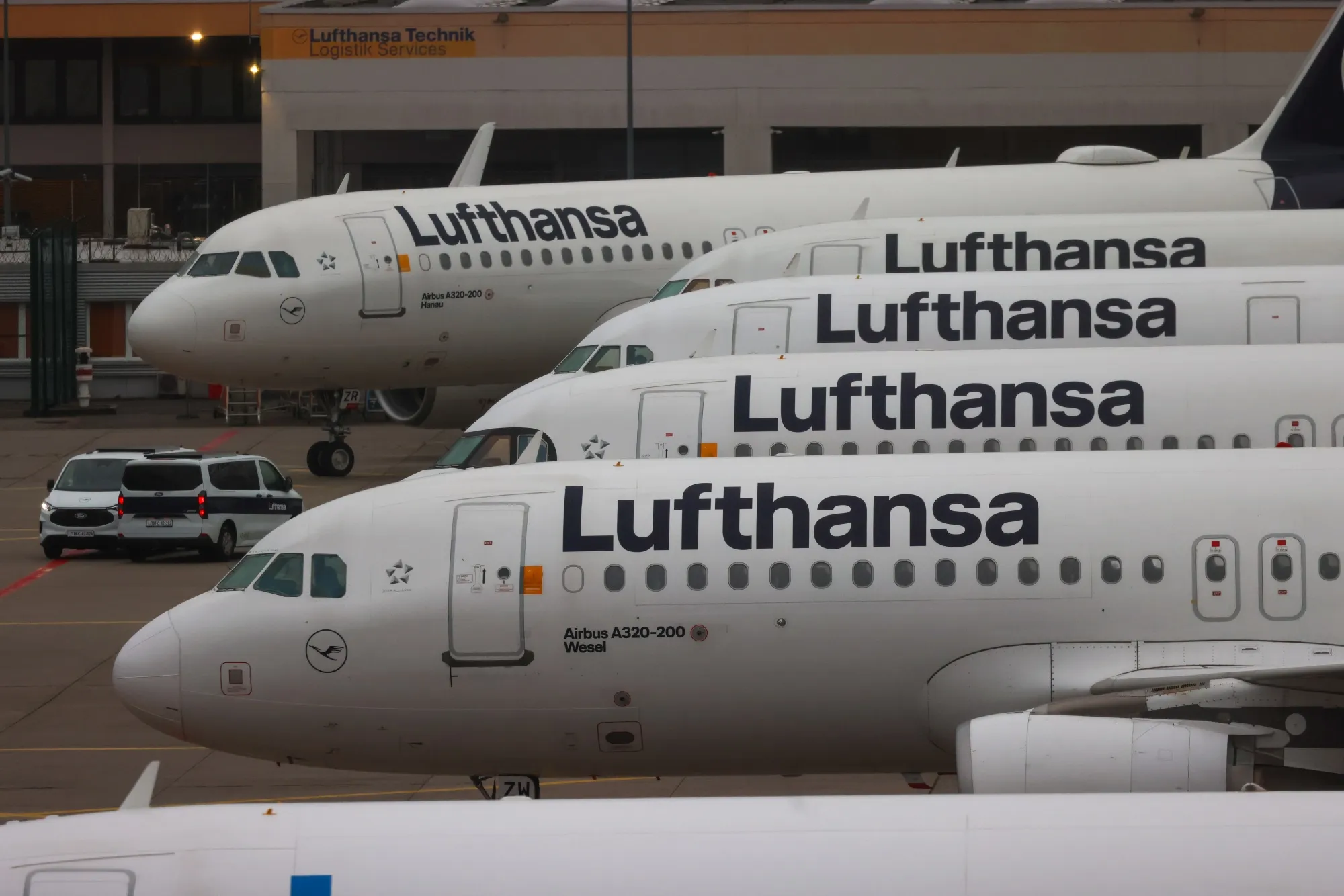 Passenger aircraft, operated by Deutsche Lufthansa AG, grounded during a strike at Frankfurt Airport, on April 13.