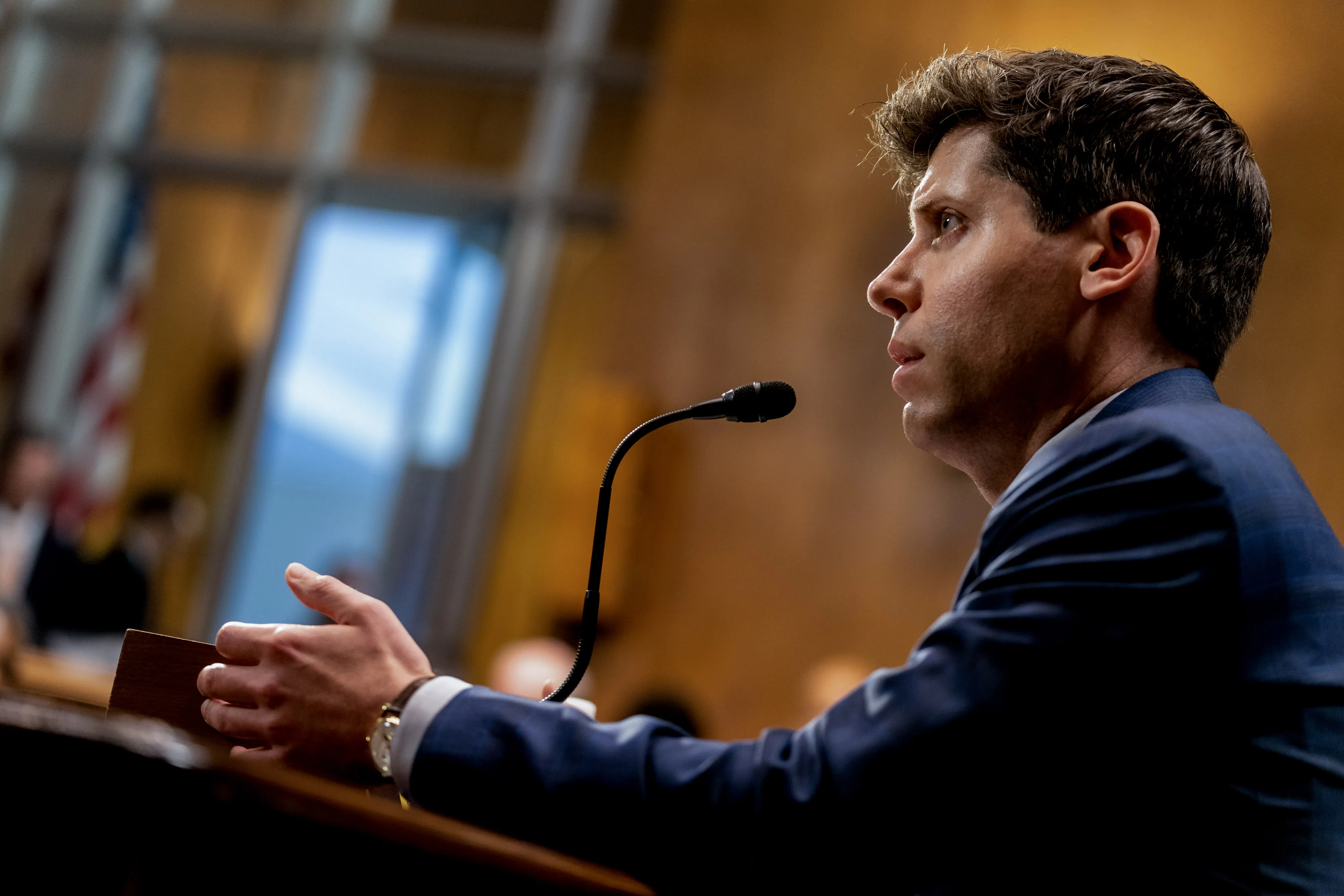Sam Altman, chief executive officer of OpenAI, speaks during a Senate Judiciary Subcommittee hearing in Washington on May 16, 2023.