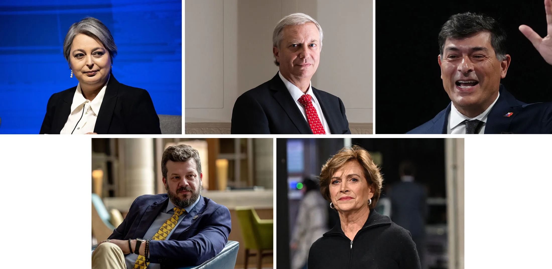 Candidatos presidenciais do Chile, no sentido horário, a partir do canto superior esquerdo: Jeannette Jara, José Antonio Kast, Franco Parisi, Johannes Kaiser e Evelyn Matthei.