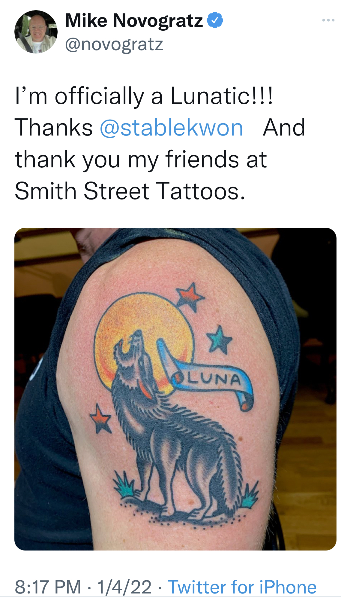 Moon and rocket tattoo on Mike Novogratzs shoulder