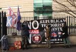 Veterans and Supporters United put up a banner outside Laganside Courts in Belfast, 25. 