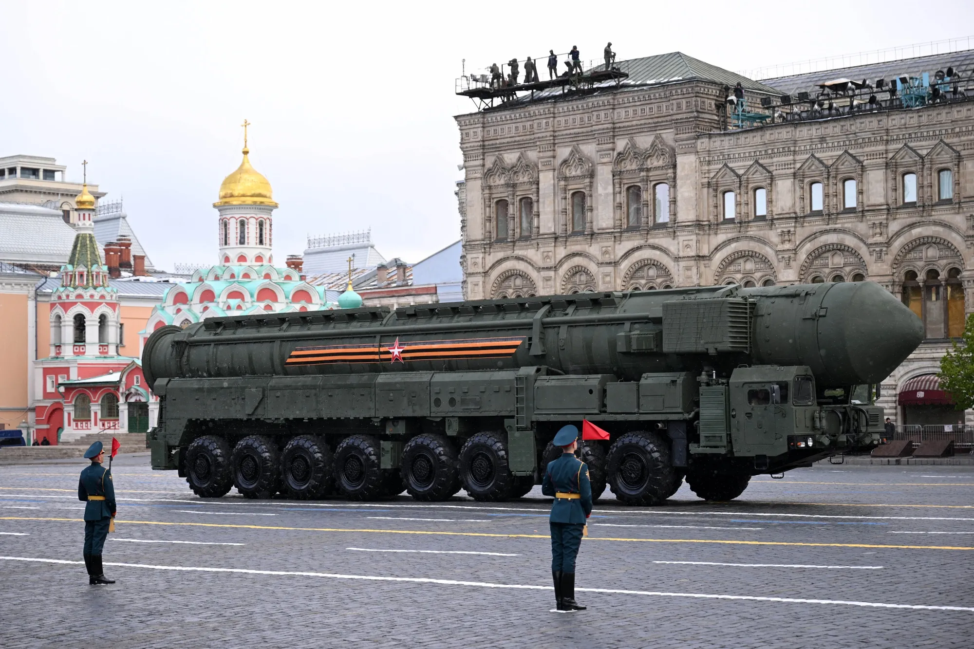 A RS-24 Yars intercontinental ballistic missile system in Red Square during a military parade in central Moscow.