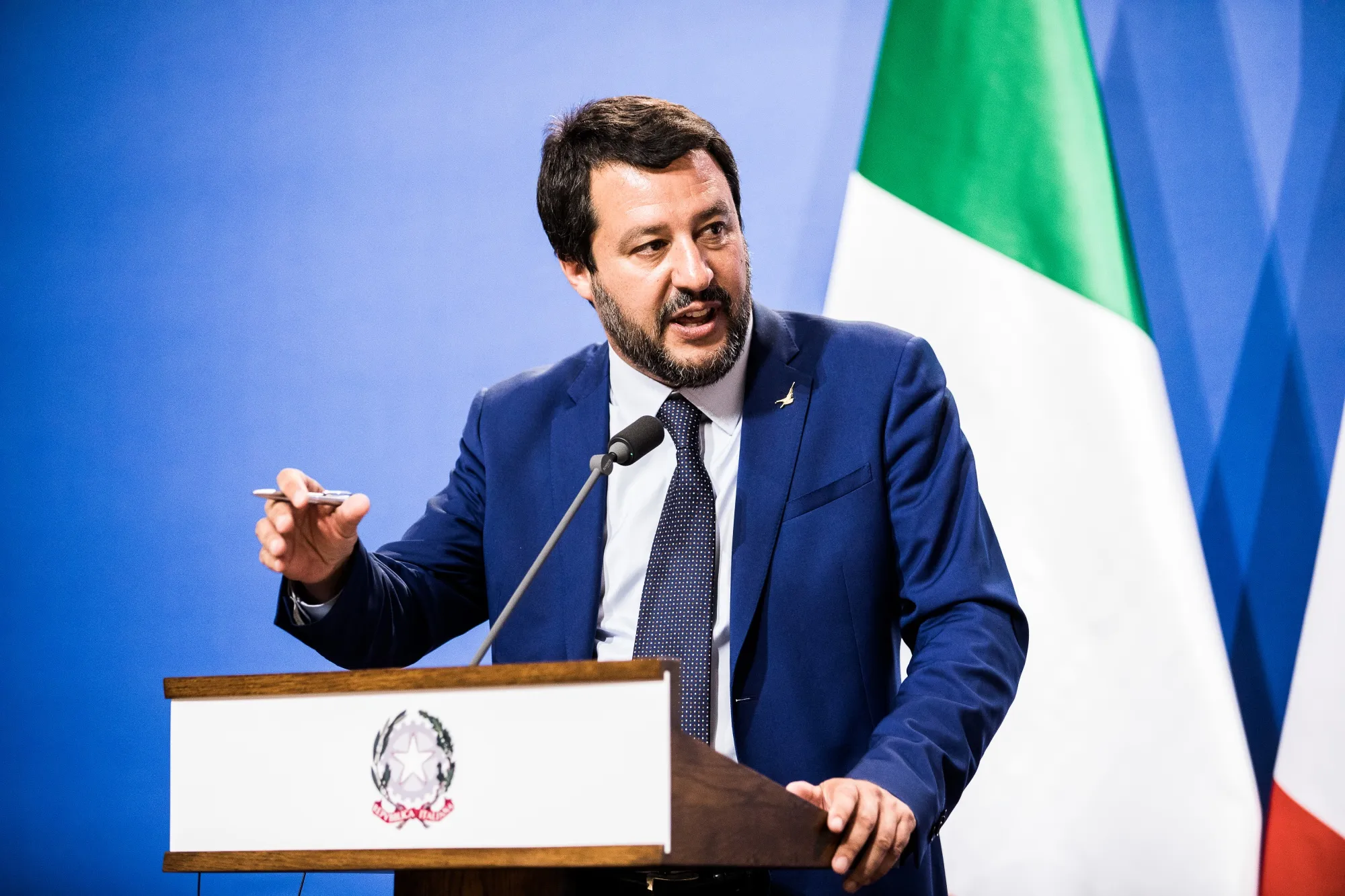 Matteo Salvini, Italy's deputy prime minister, speaks during a news conference.