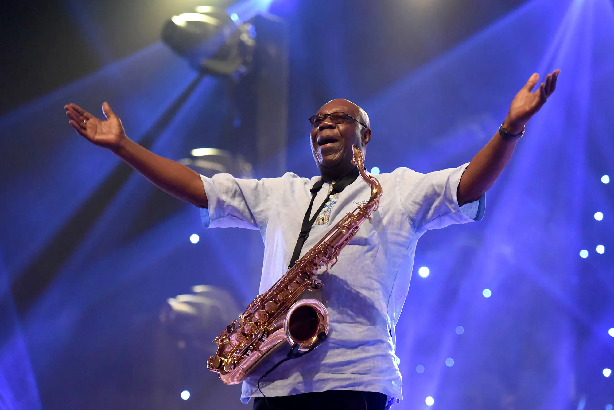 Manu Dibango&nbsp;performs in Abidjan in 2018.