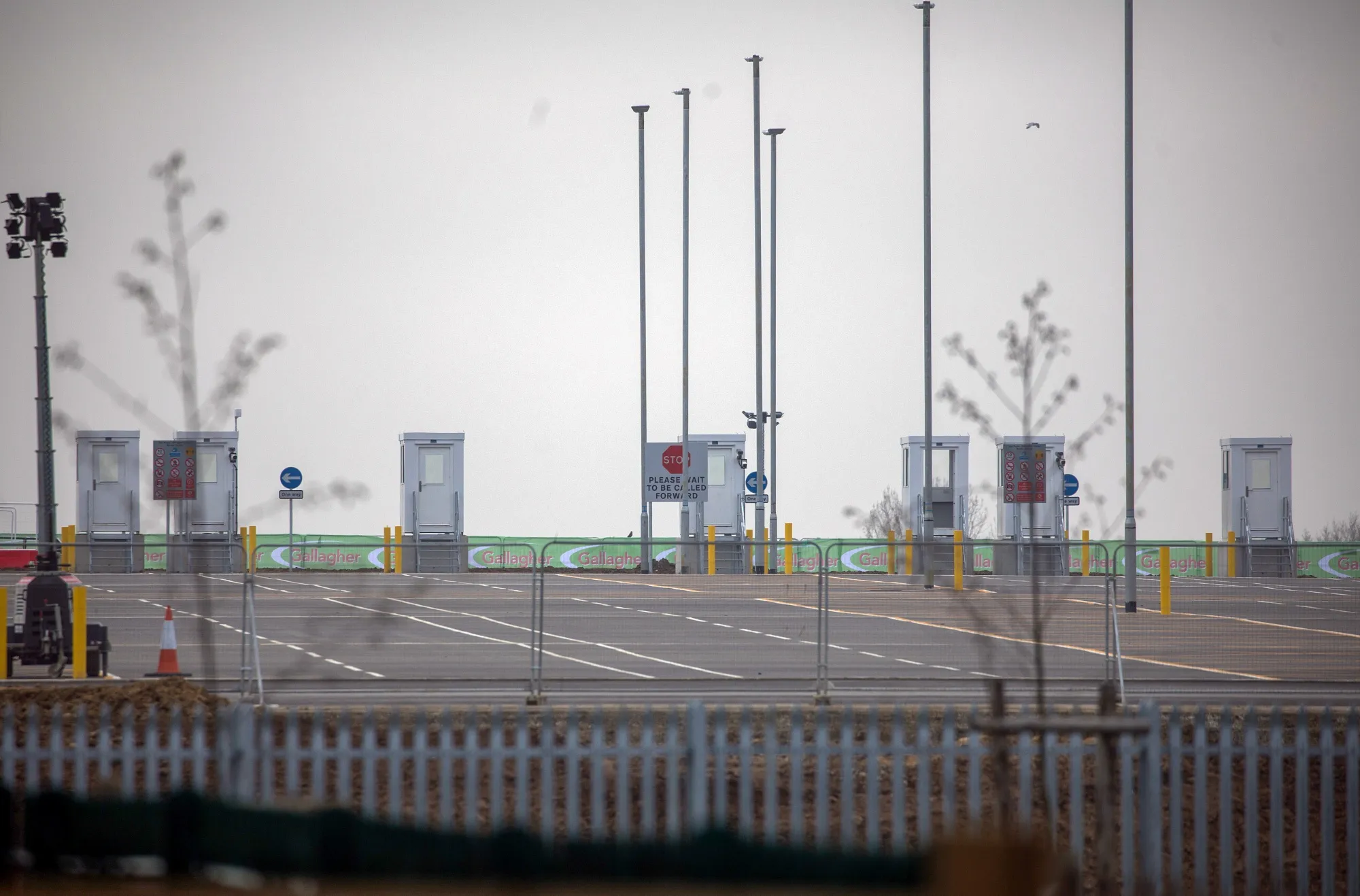 Check-points at the Sevington Inland Border facility for customs clearance near Mersham, U.K.