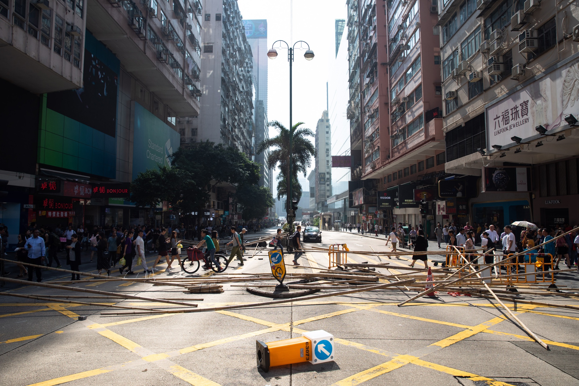 A barricaded road in the Tsim Sha Tsui district of Hong Kong.