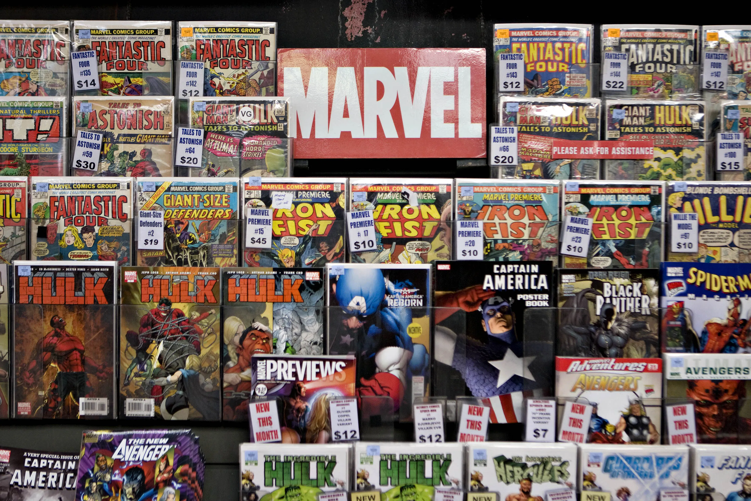 Marvel comics on display at a store in New York.&nbsp;
