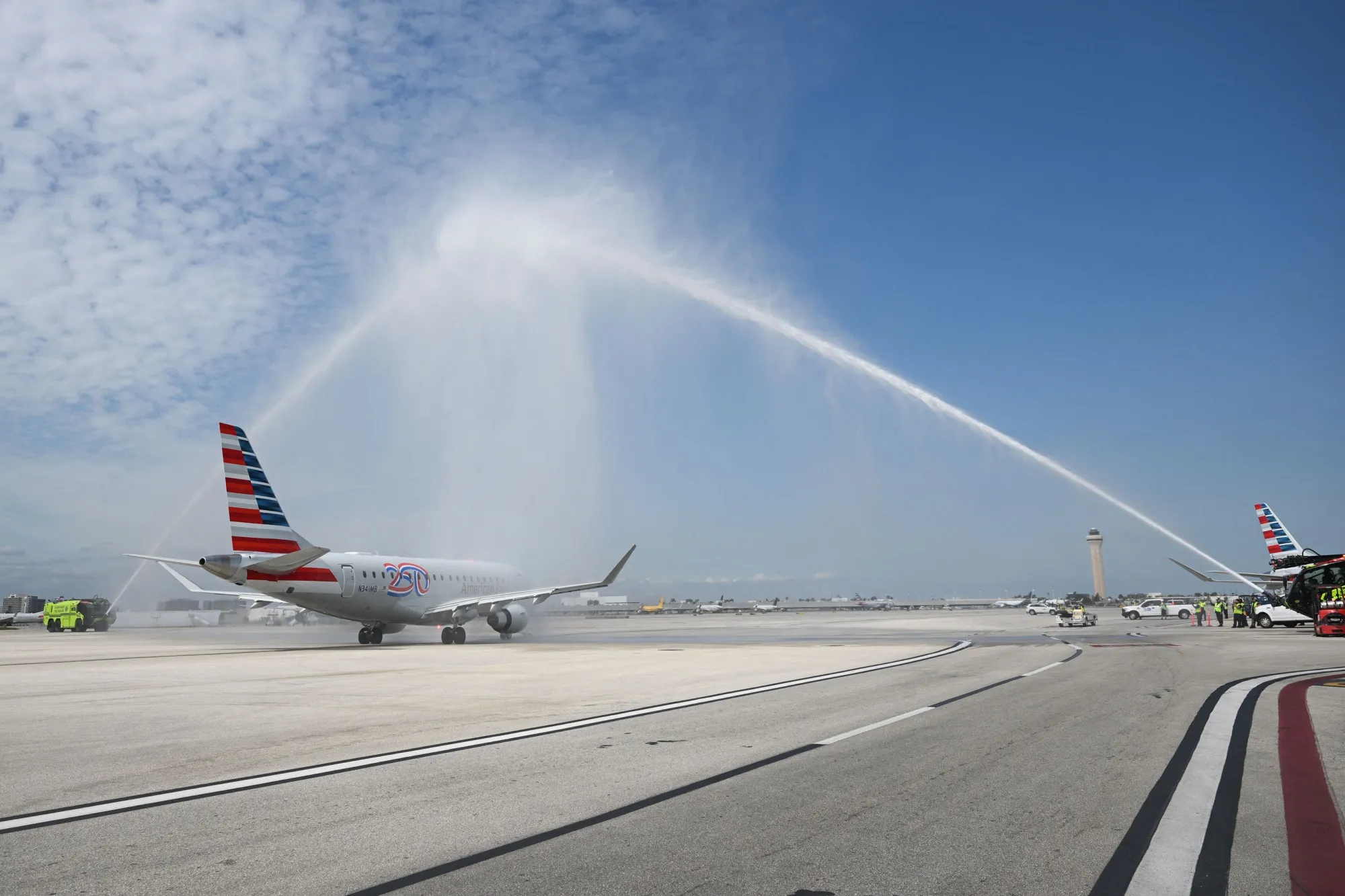 American Airlines Flight 3599 receives a water salute from Miami-Dade Fire Rescue as it departs on a flight to Venezuela from Miami International Airport on April 30.&nbsp;