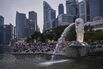 Crowds by the Merlion in Singapore