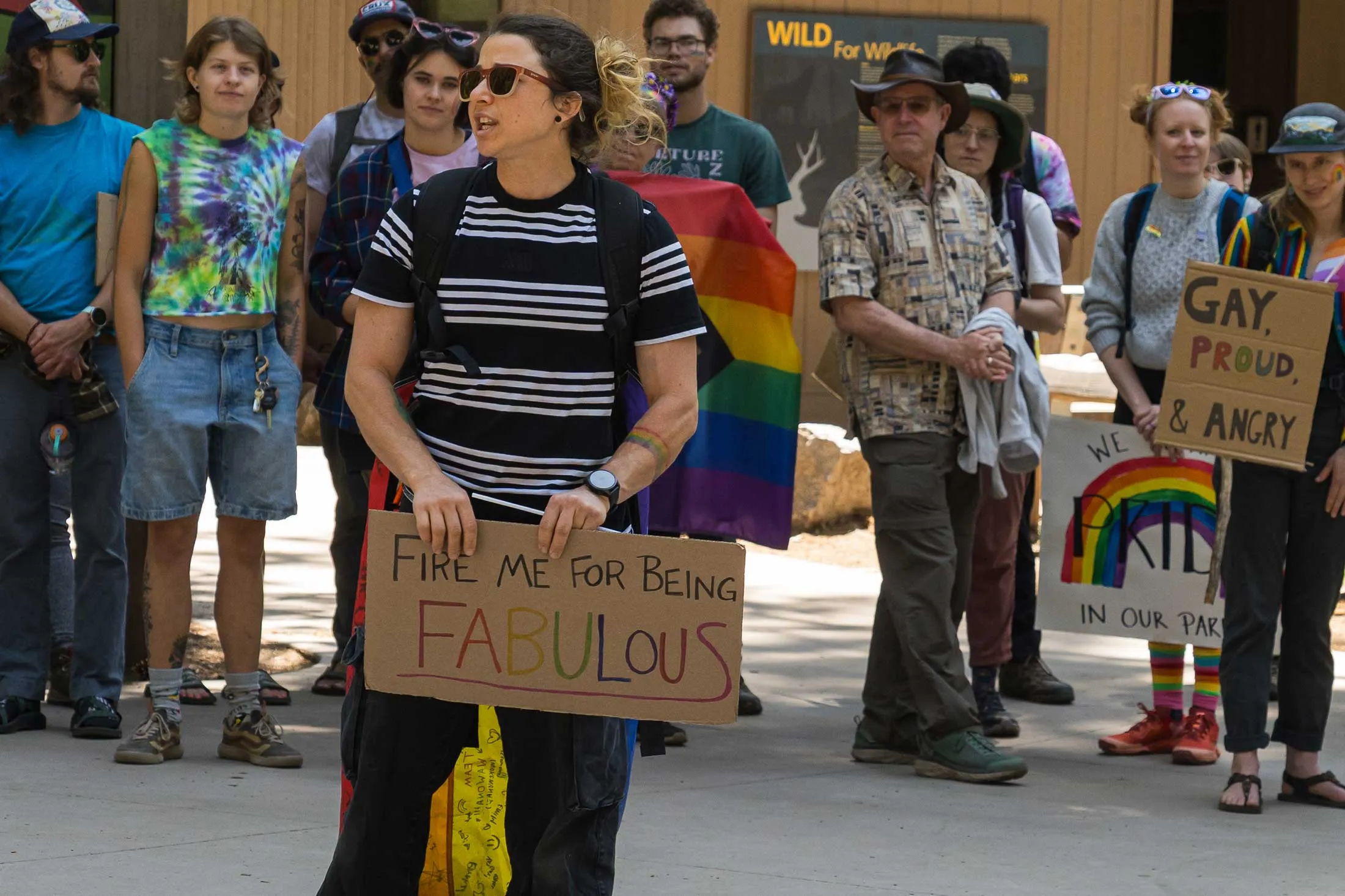 Shannon "SJ" Joslin speaks during a Pride protest near the welcome center in Yosemite Valley, Yosemite National Park, California, on Saturday, June 21, 2025.