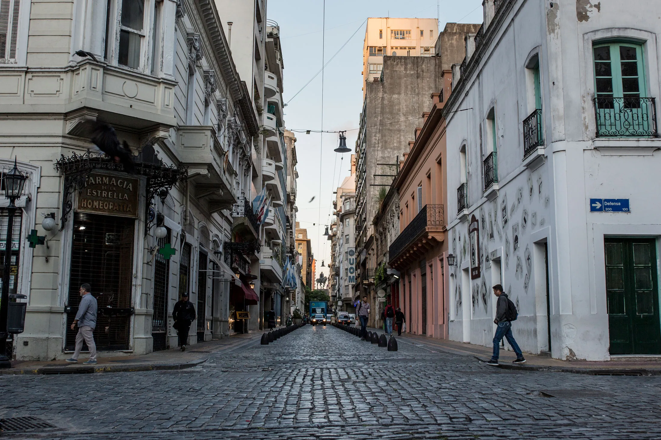 A traditional cobblestone street in the San Telmo neighborhood in Buenos Aires.