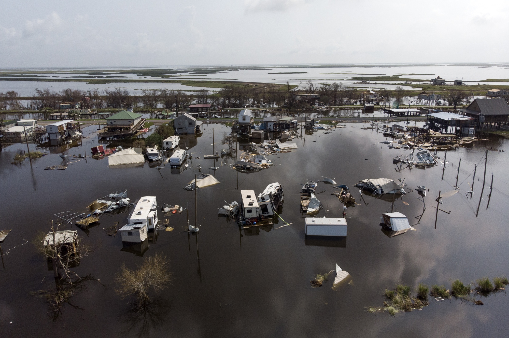 Damaged homes in floodwater after Hurricane Ida in Pointe-Aux-Chenes, Louisiana, on Sept. 2, 2021.