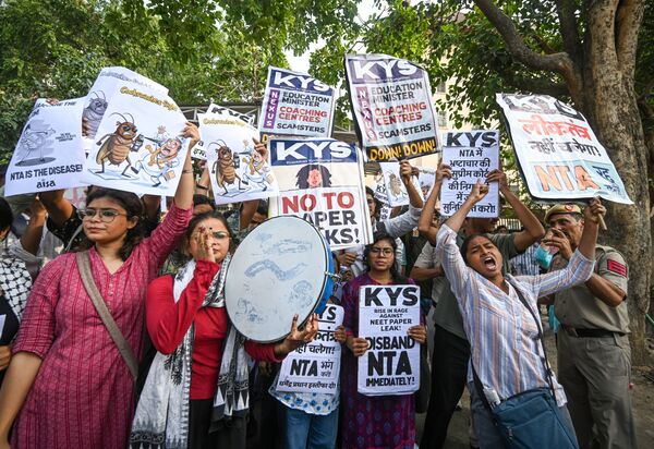 Activists protest outside the Ministry of Education in New Delhi on June 1.