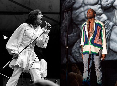 The subcultural music scene has had a huge influence over the direction of men's dress; Mick Jagger in the late 1960s and Kanye West in a women's Celine blouse at Coachella in 2011.