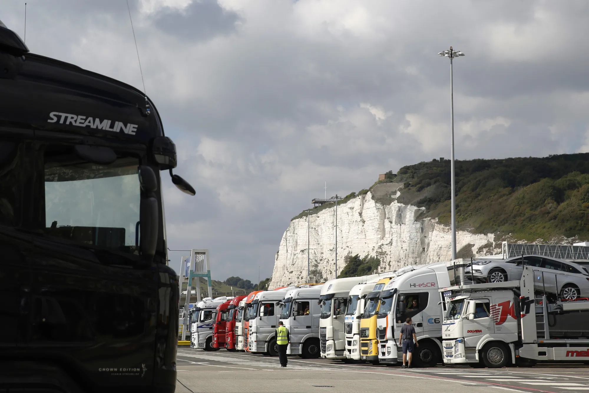 A cargo truck disembarks a cross channel ferry at the Port of Dover.