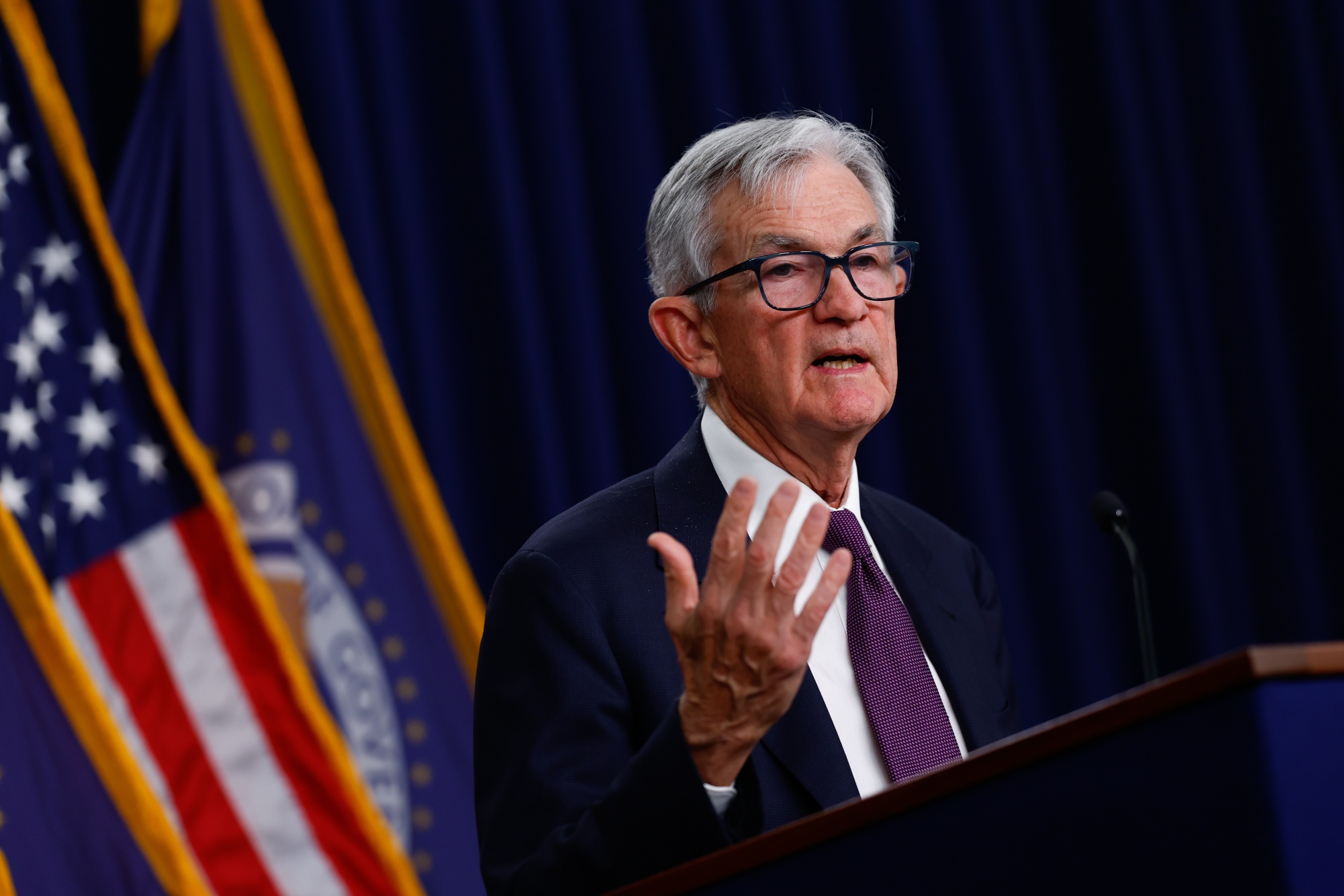 Jerome Powell, chairman of the US Federal Reserve, during a news conference following a Federal Open Market Committee (FOMC) meeting in Washington, DC, US, on Wednesday, March 18, 2026. Federal Reserve officials left interest rates unchanged and continued to expect one rate cut this year as they acknowledged increased uncertainty due to war in the Middle East. Photographer: Kent Nishimura/Bloomberg