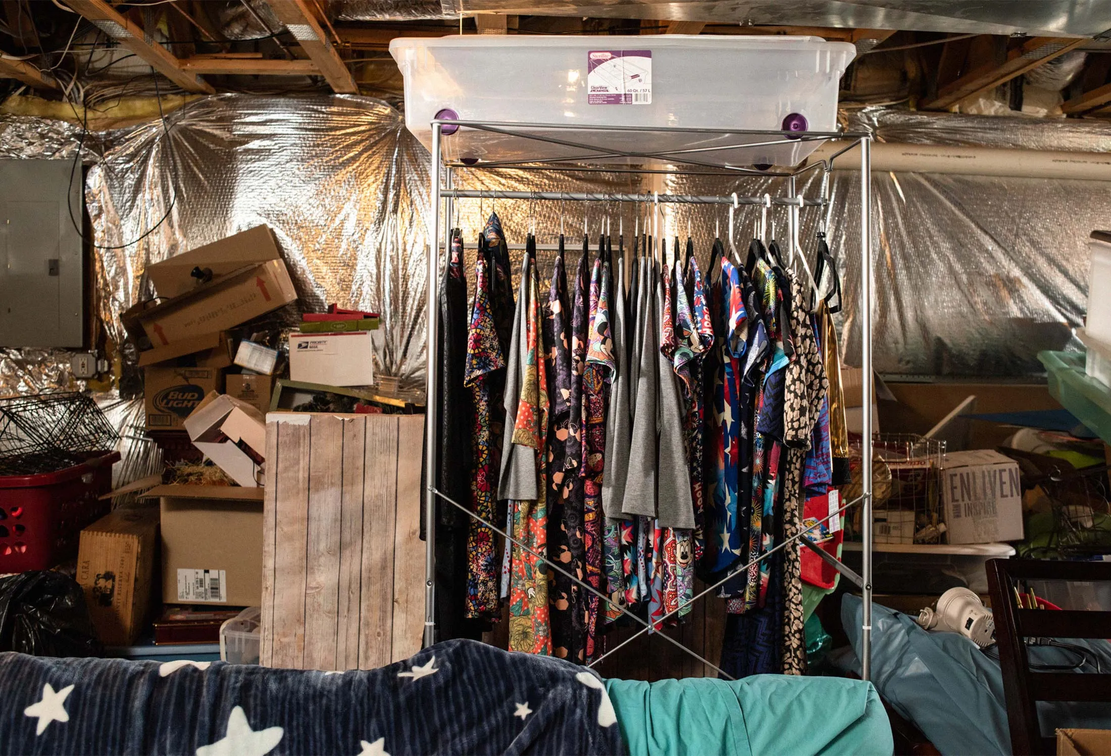 Rack of unsold inventory in the basement of&nbsp;LuLaRoe fashion consultant Amy Jo Reece.