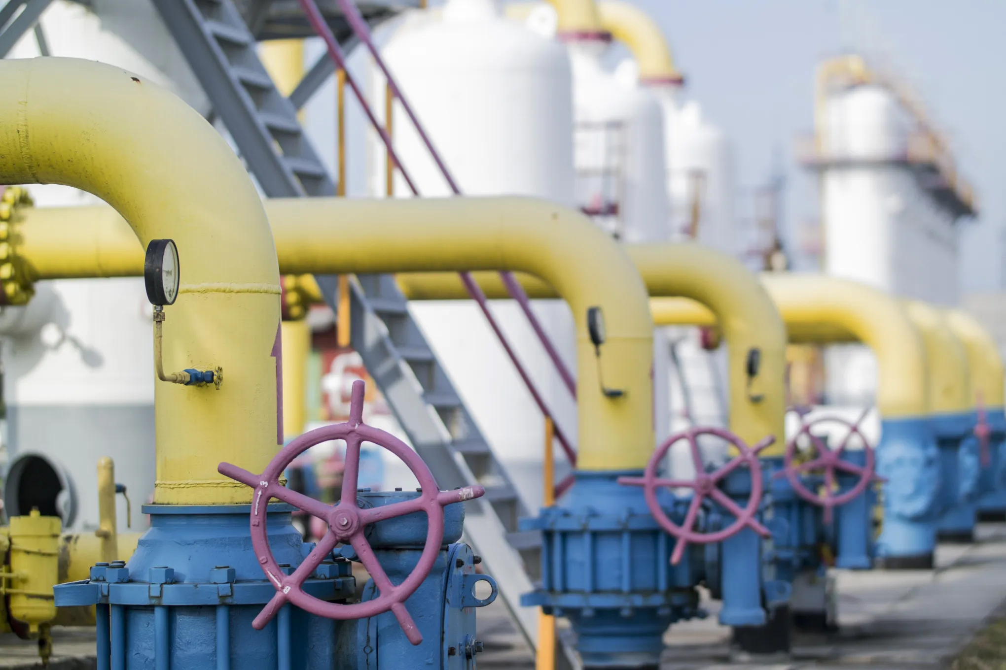 A row of gas pipes at an underground gas storage facility.