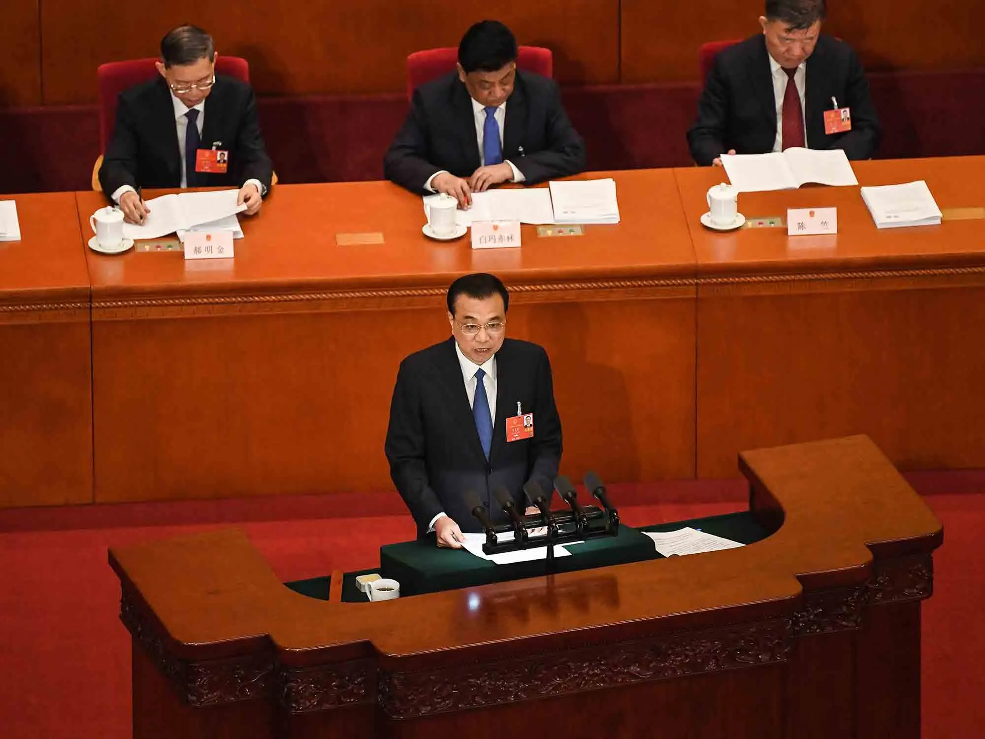 Chinese Premier Li Keqiang speaks during the opening session of the National People's Congress (NPC)&nbsp;in Beijing on May 22, 2020.