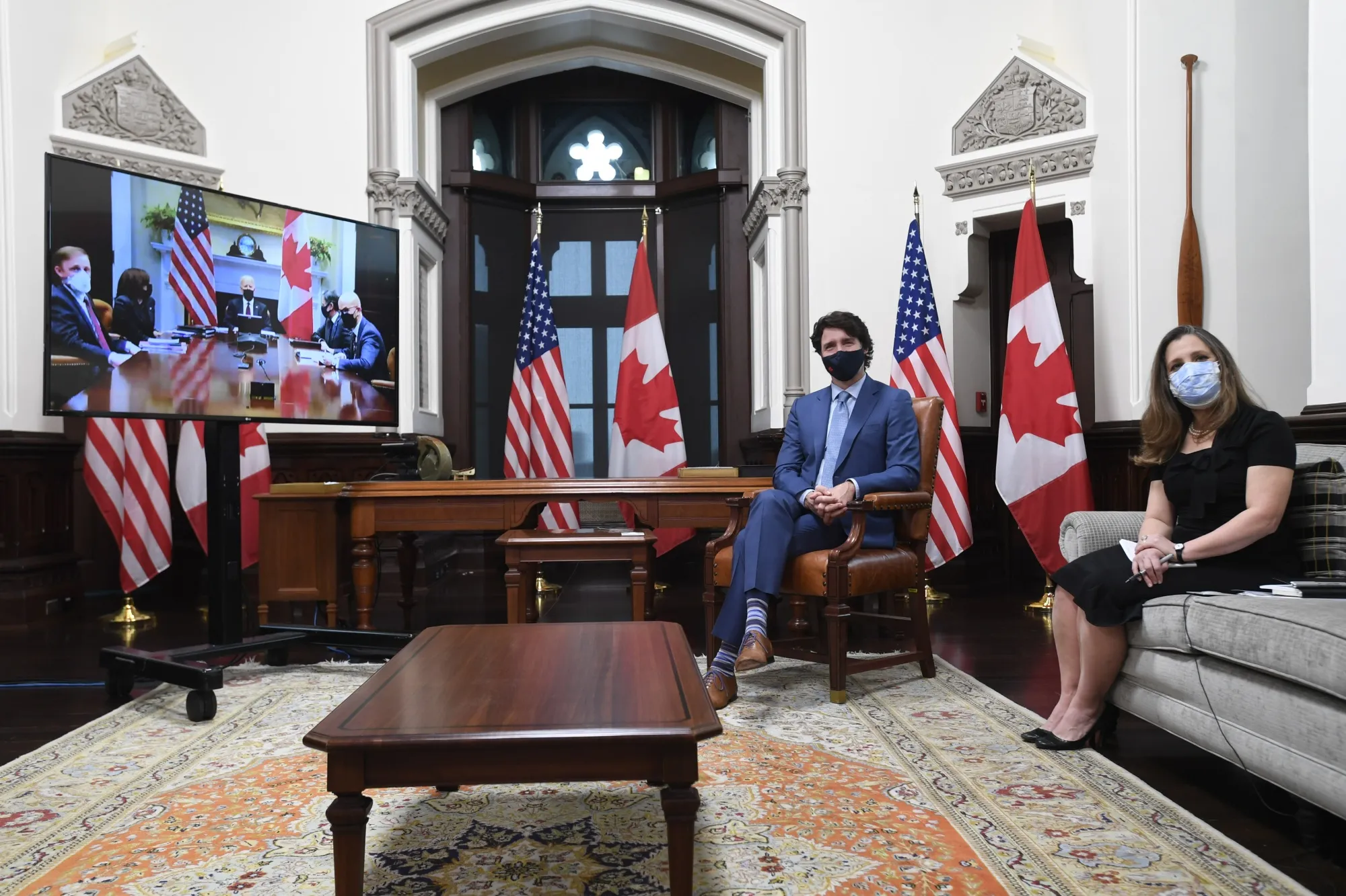 Justin Trudeau and Chrystia Freeland meet virtually with Joe Biden on Feb. 23.