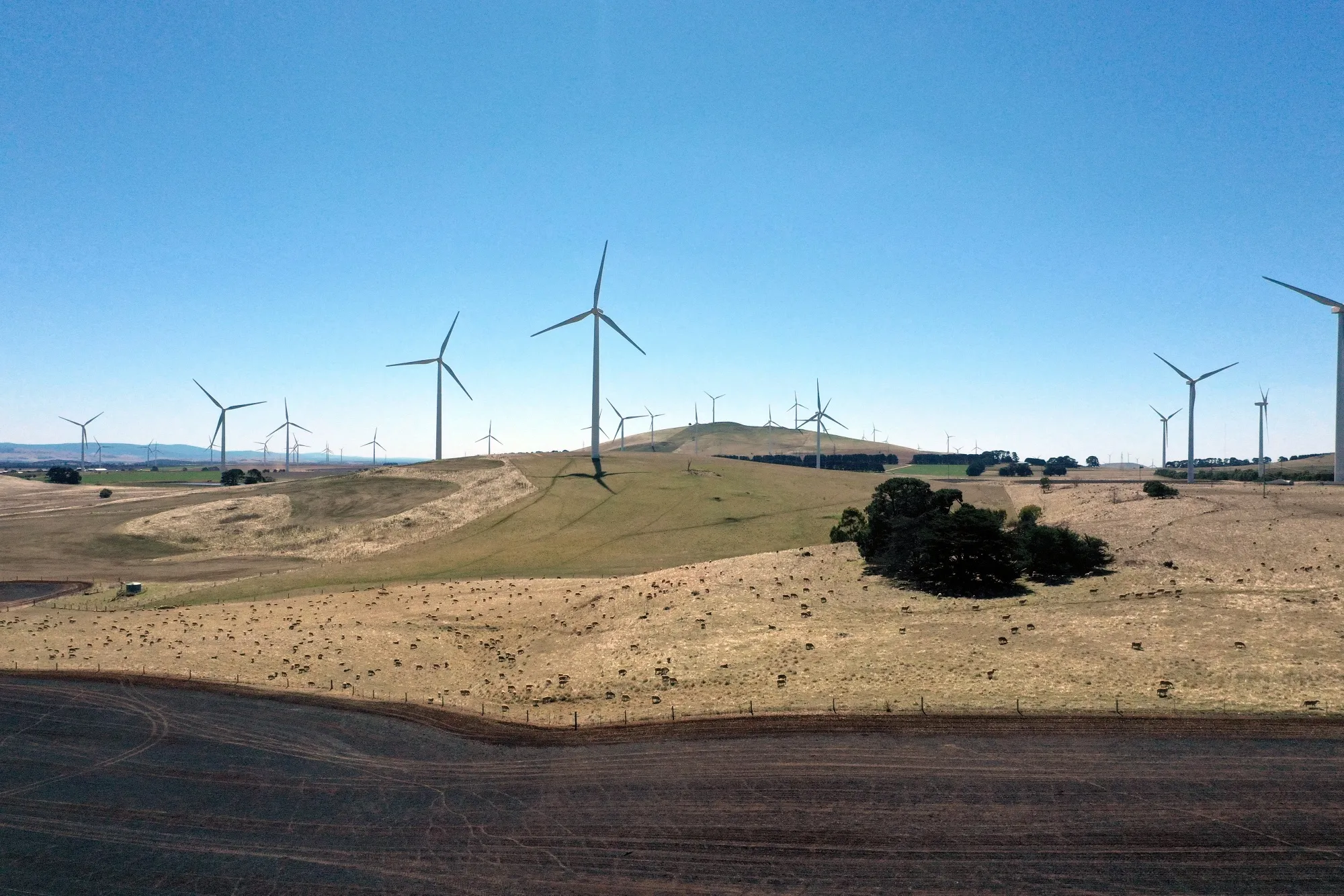 Wind turbines at the Waubra Wind Farm operated by Acciona SA in Waubra, Victoria, Australia.