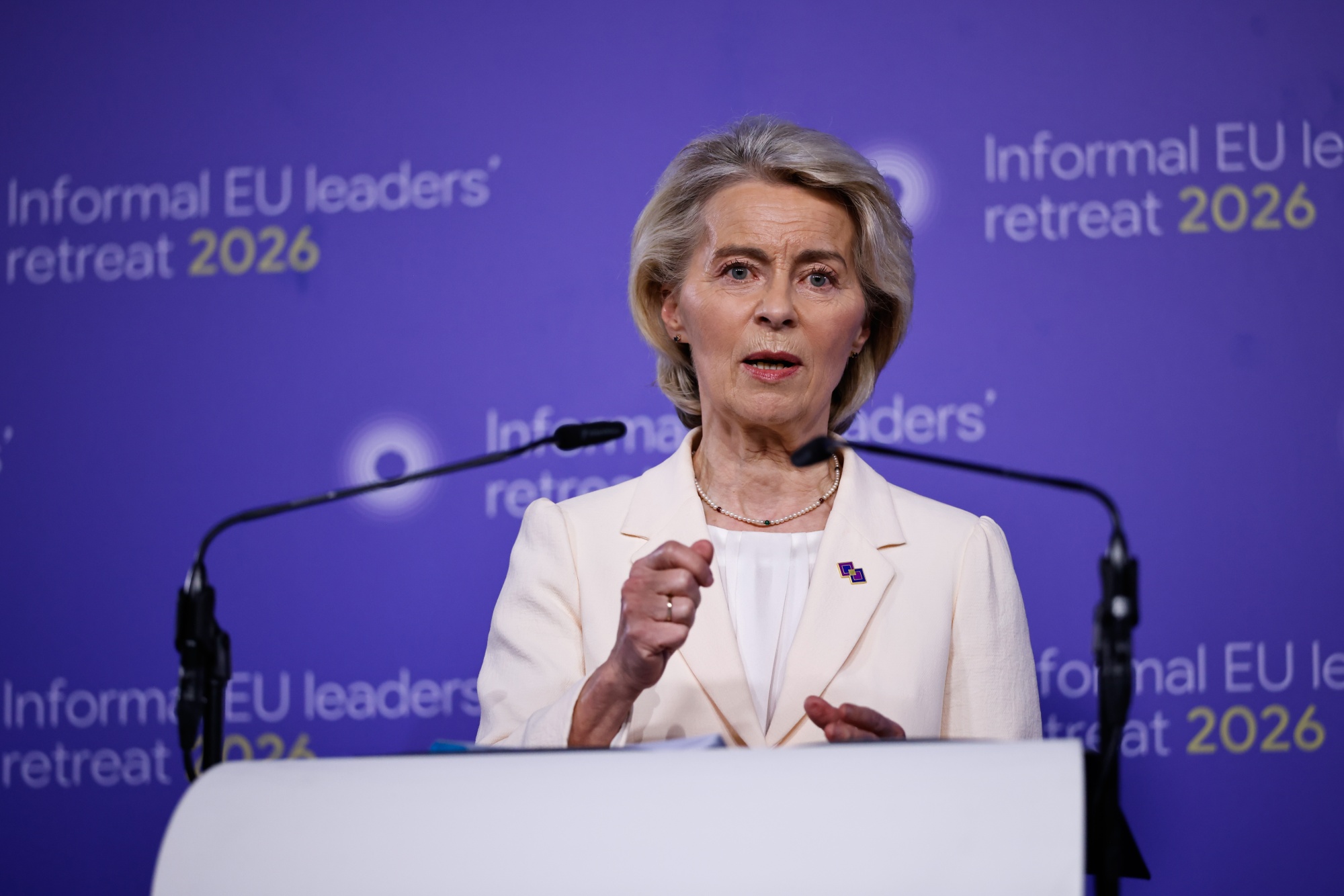 Ursula von der Leyen, president of the European Commission, at an informal European Union (EU) leaders retreat at Alden Biesen Castle in Rijkhoven, Belgium, on Thursday, Feb. 12, 2026. EU leaders are to discuss ways to bolster the single market amid new geoeconomic challenges. Photographer: Simon Wohlfahrt/Bloomberg