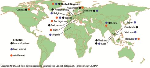 A map detailing where colistin-resistant bacteria have been detected.