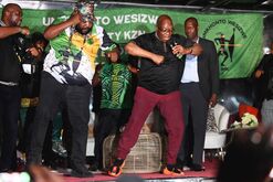 Jacob Zuma dances on stage during an MKP rally outside his homestead in Nkandla, April 25.