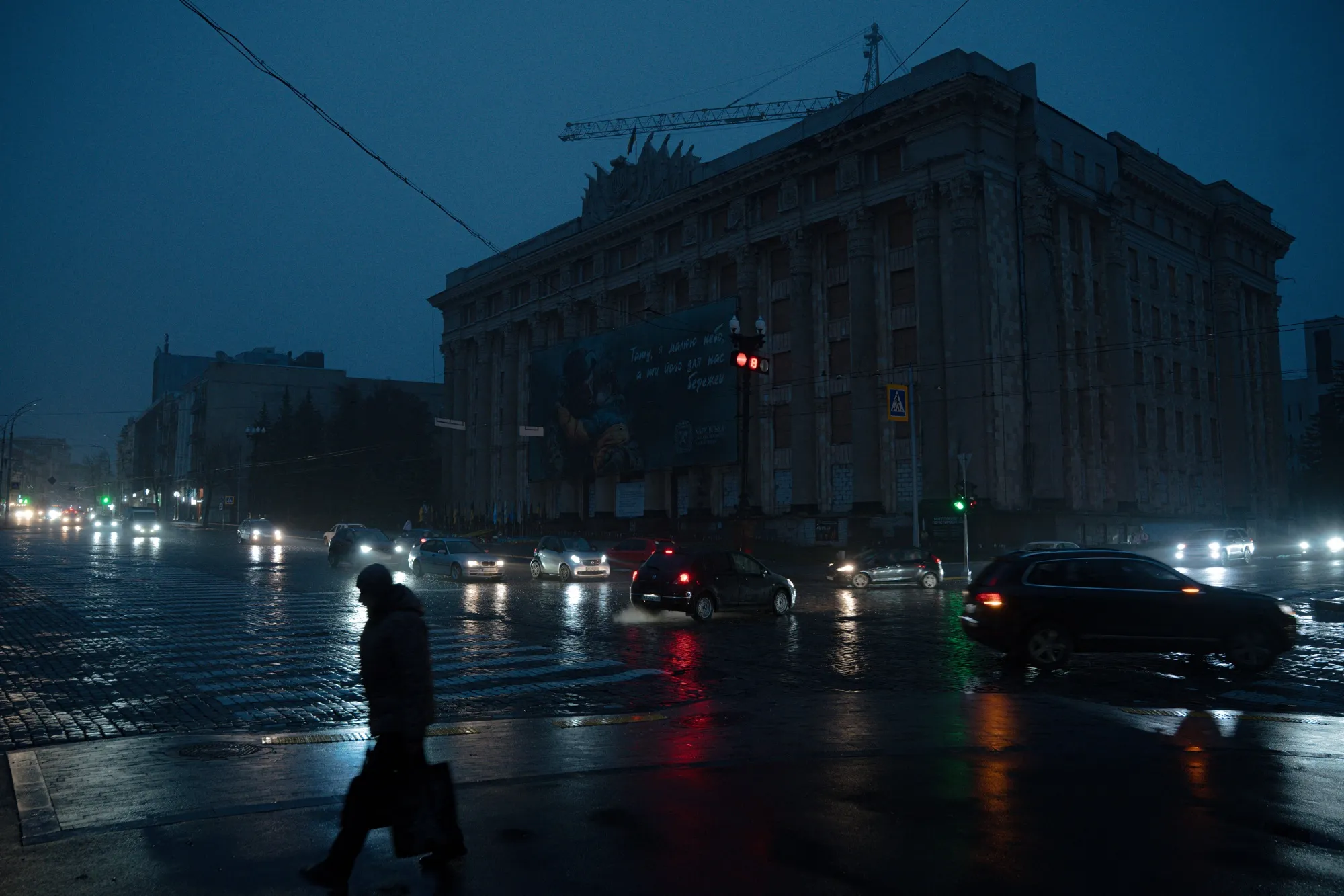 A street without lighting following recent Russian attacks on Ukrainian energy infrastructure, in Kharkiv, on Nov. 10.