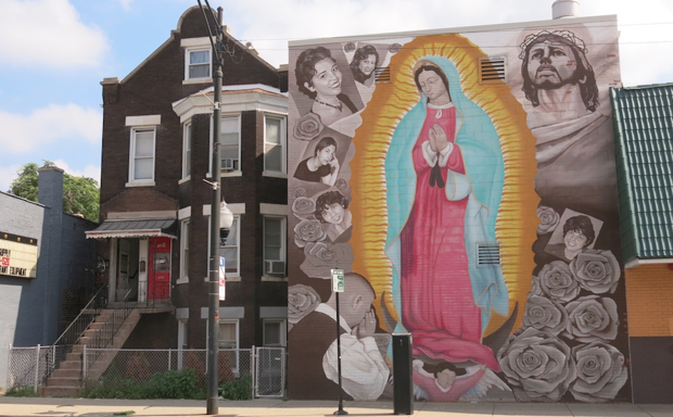 Mural of Our Lady of Guadalupe on the side of La Chiquita Supermercado in the Little Village section of Chicago.