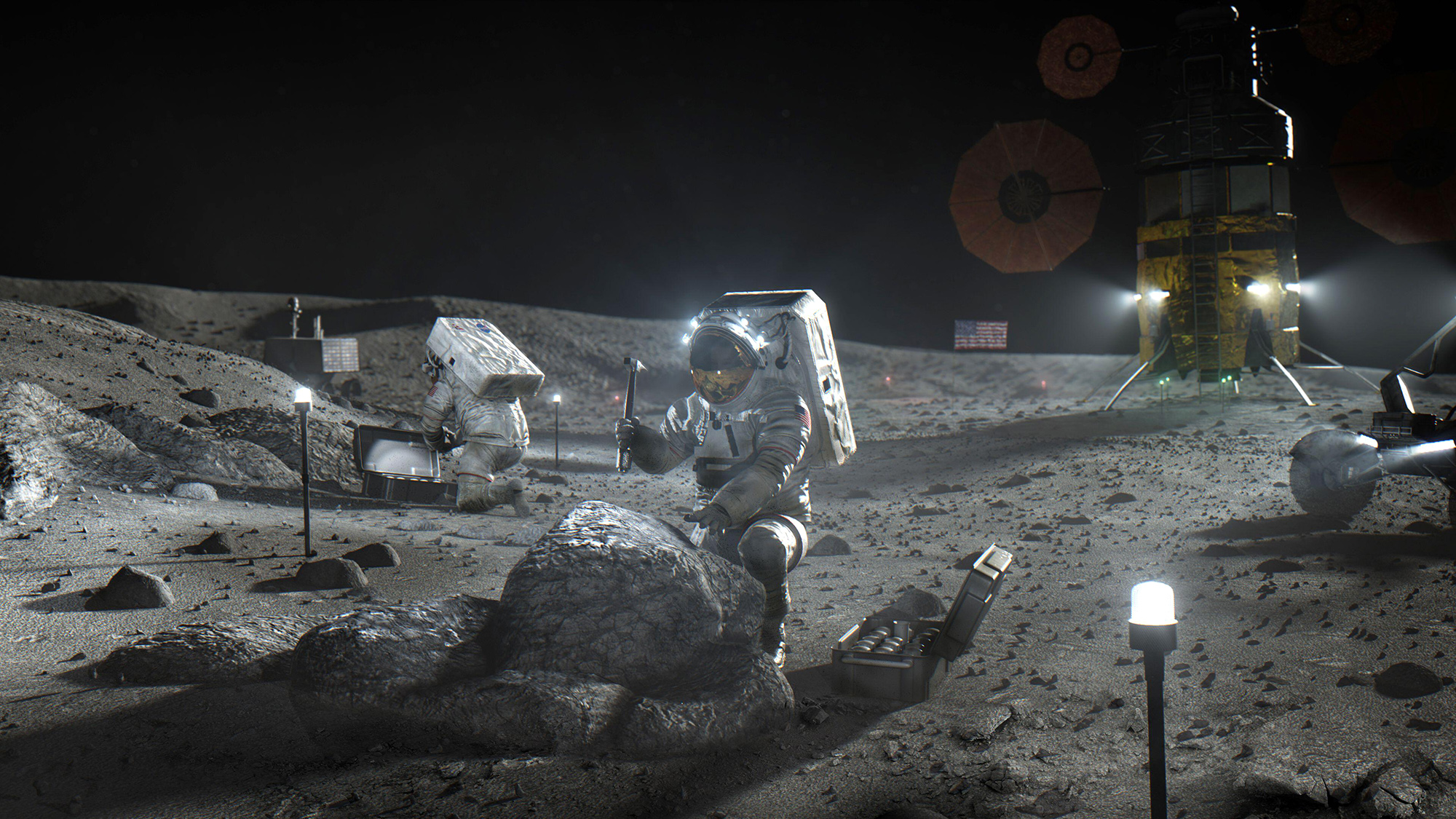 Artist's concept of NASA astronauts working on the surface of the moon.