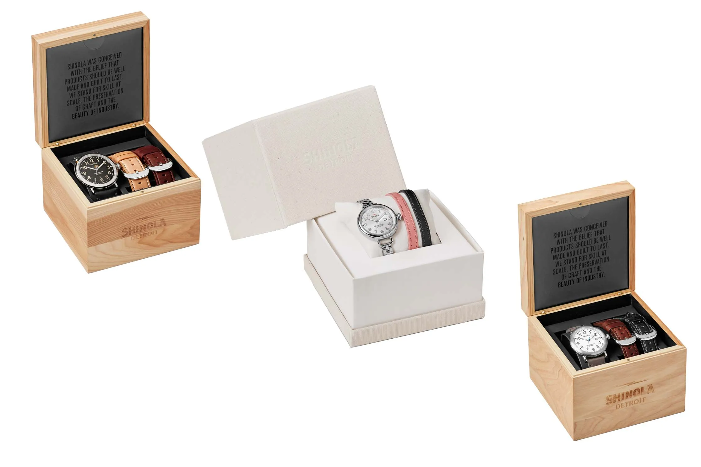 From left: Shinola's 47mm Runwell, 34mm Birdy, and 41mm Runwell watches.