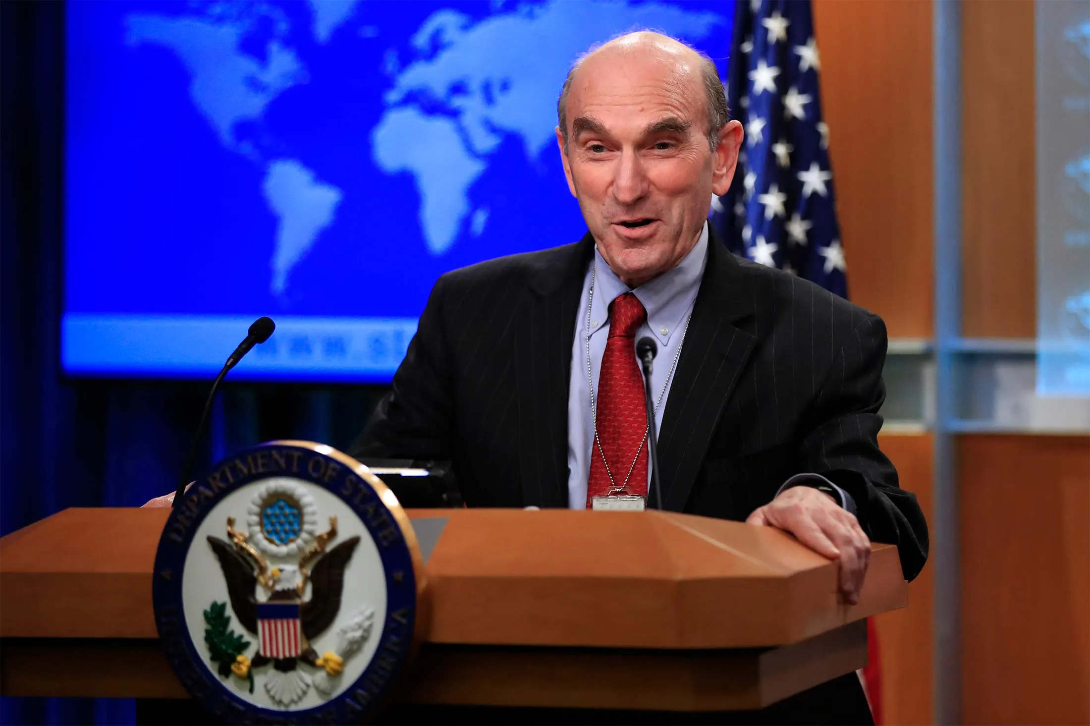 Elliott Abrams talks to reporters during a news conference at the State Department in Washington, on Jan. 25.