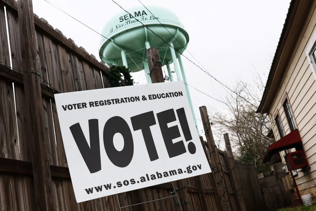 A sign on a lawn ahead of the Jubilee Parade on in Selma, Alabama. 