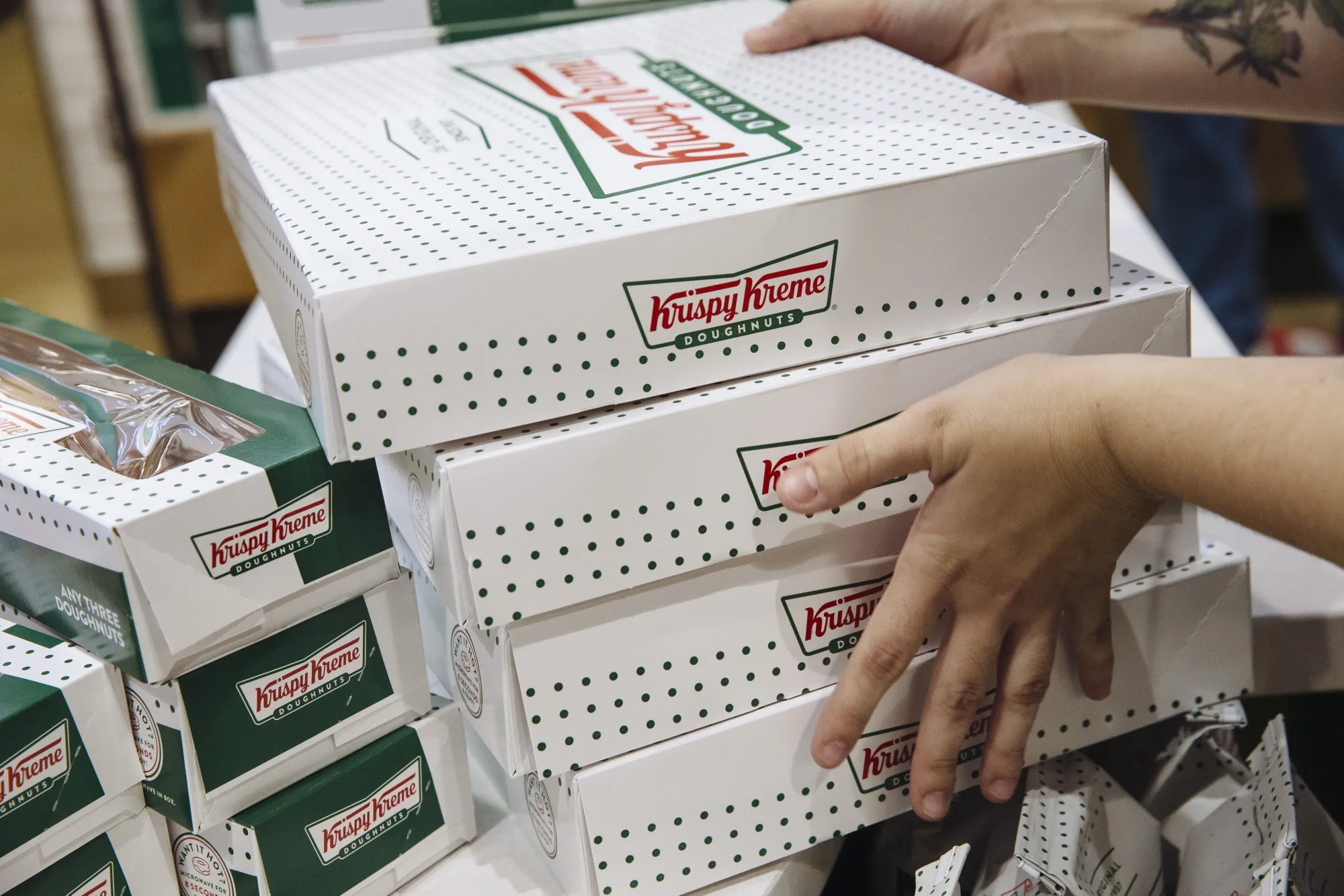 Boxes of doughnuts inside a Krispy Kreme Doughnuts Inc. store in New York.